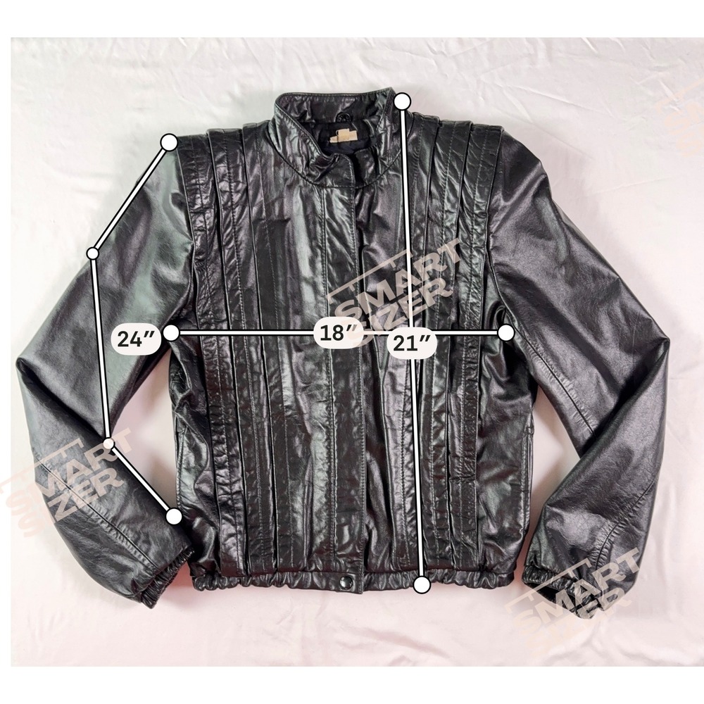 Vintage 80s Leather Bomber Jacket Women XS Black Pleated Moto Biker Powerful Zip - Picture 7 of 10